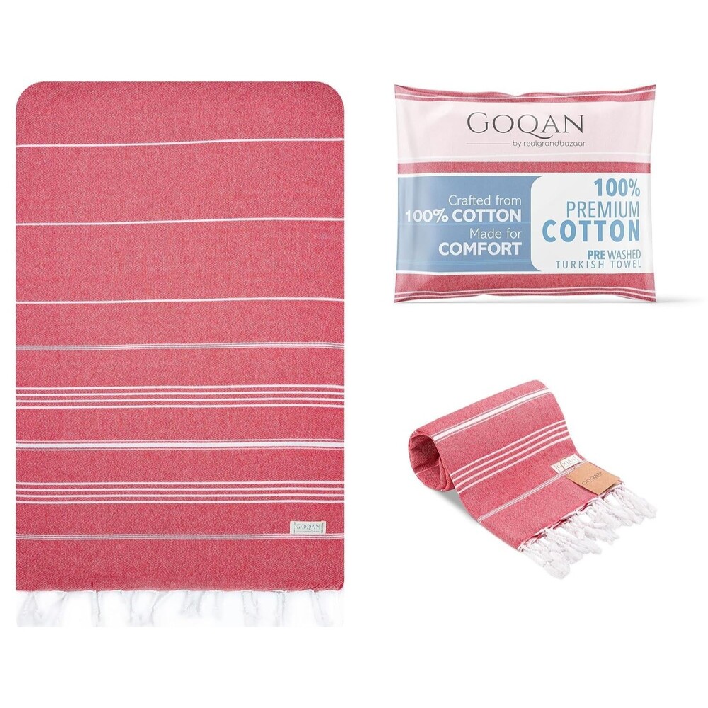 GOQAN Turkish Beach Towel Oversized 39x71 Red Thin, Lightweight, 100% Cotton